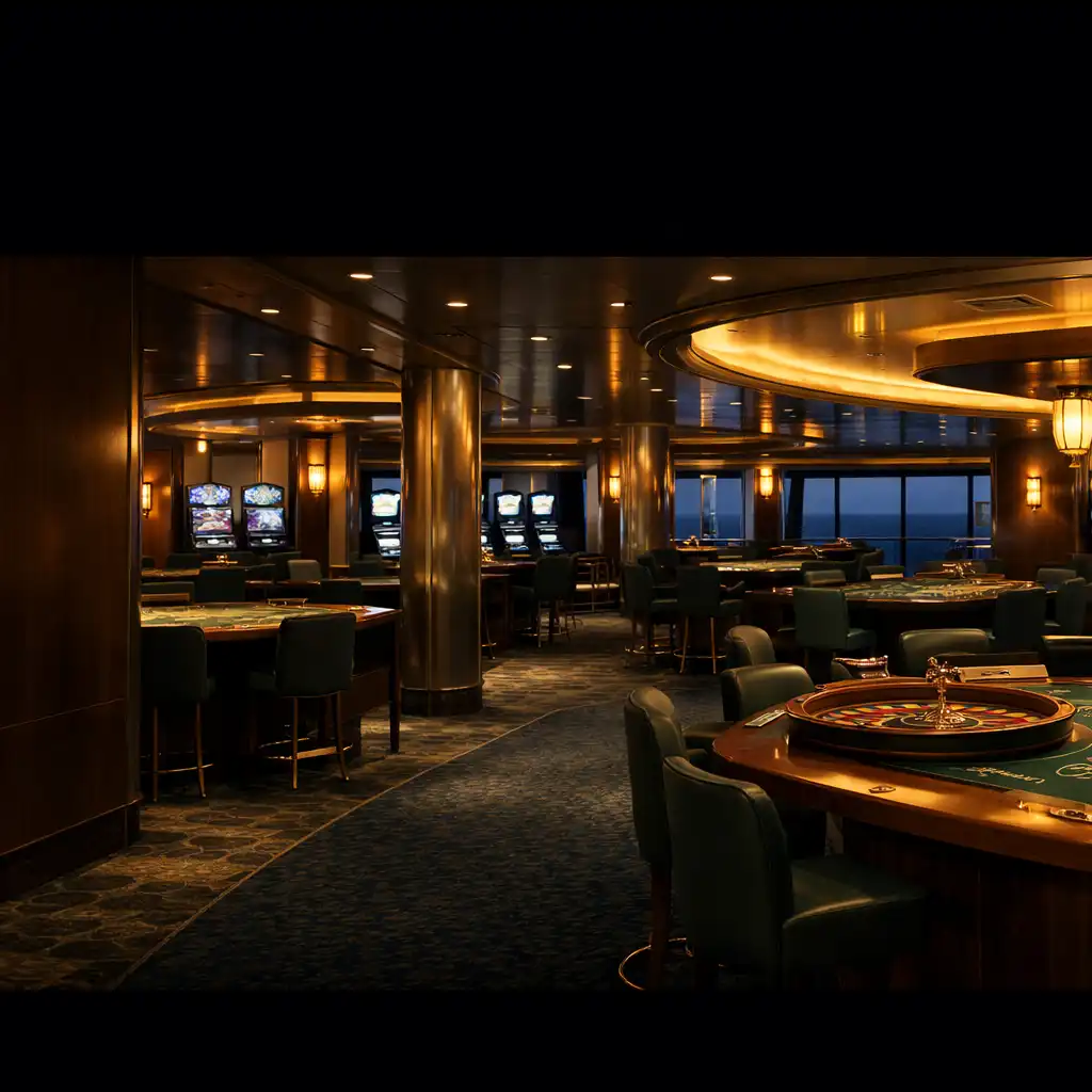 Eleganckie wnętrze casino na nowoczesnym statku wycieczkowym wieczorem