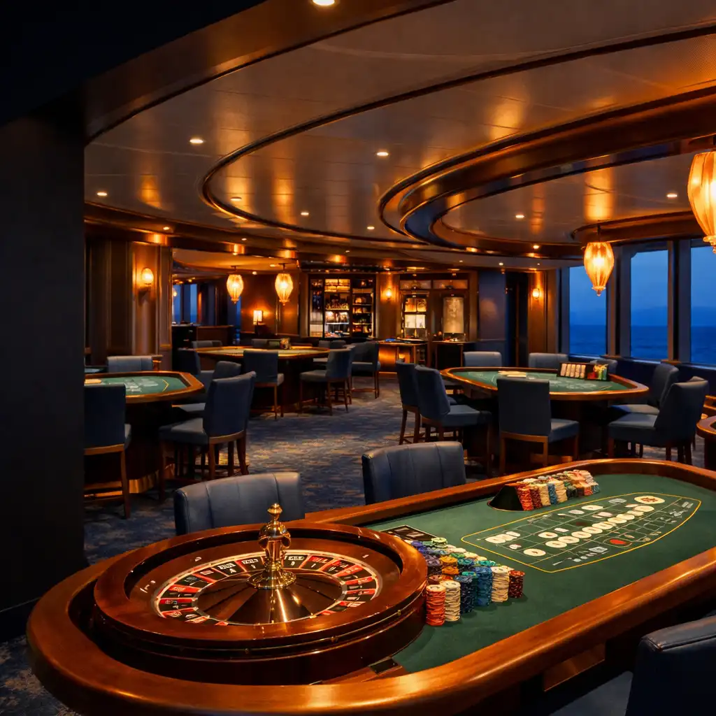 Eleganckie wnętrze casino na nowoczesnym wycieczkowcu z ruletką i stołami pośród granatowych foteli