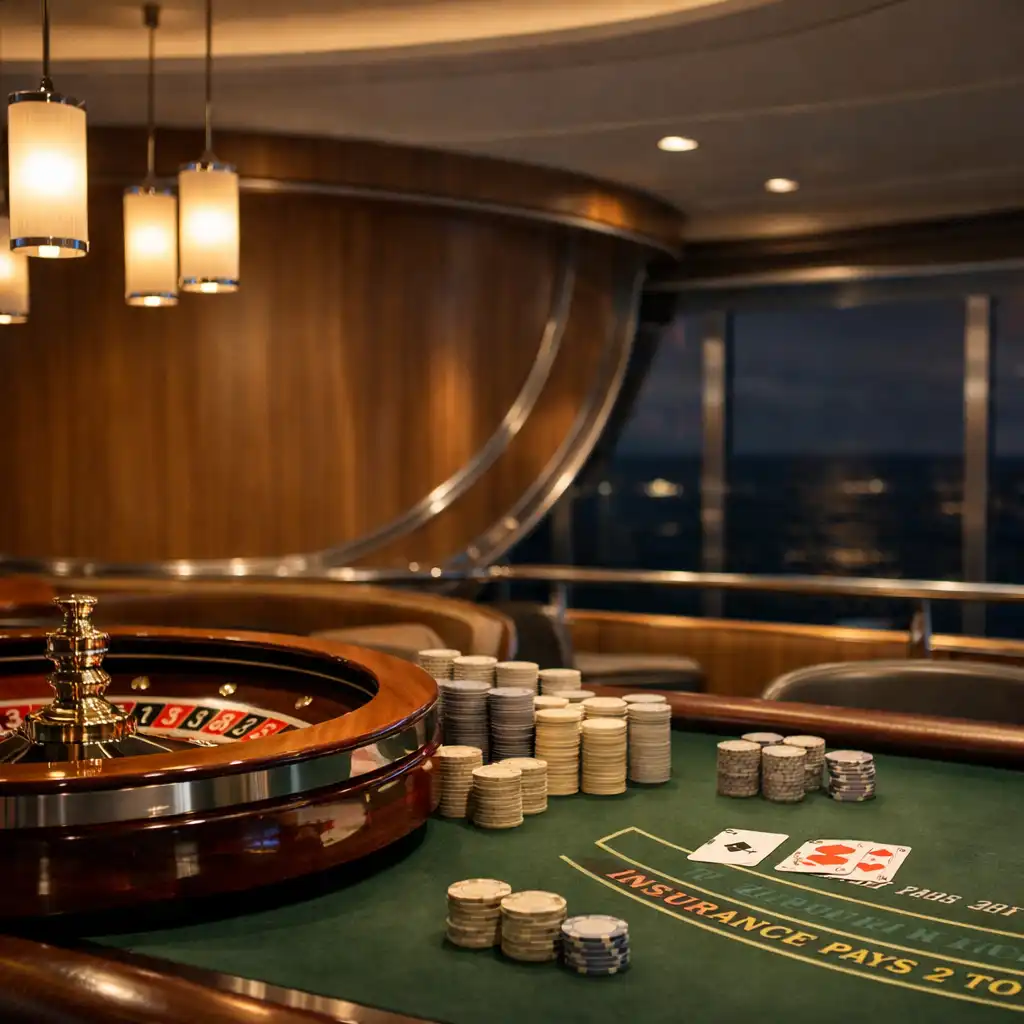 Detal ruletki, kart i żetonów casino na eleganckim stole we wnętrzu statku