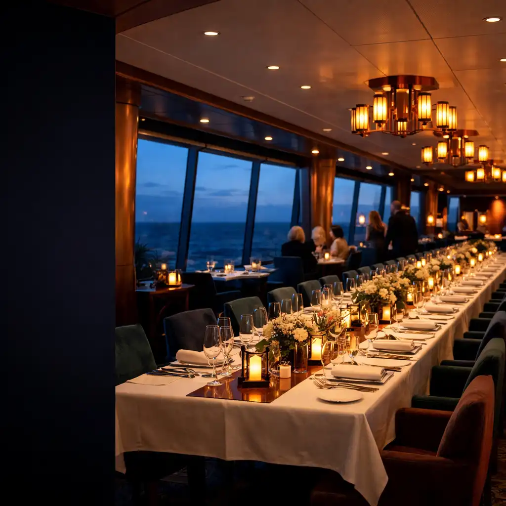 Elegancka restauracja główna na statku wycieczkowym z długim stołem i widokiem na nocny ocean