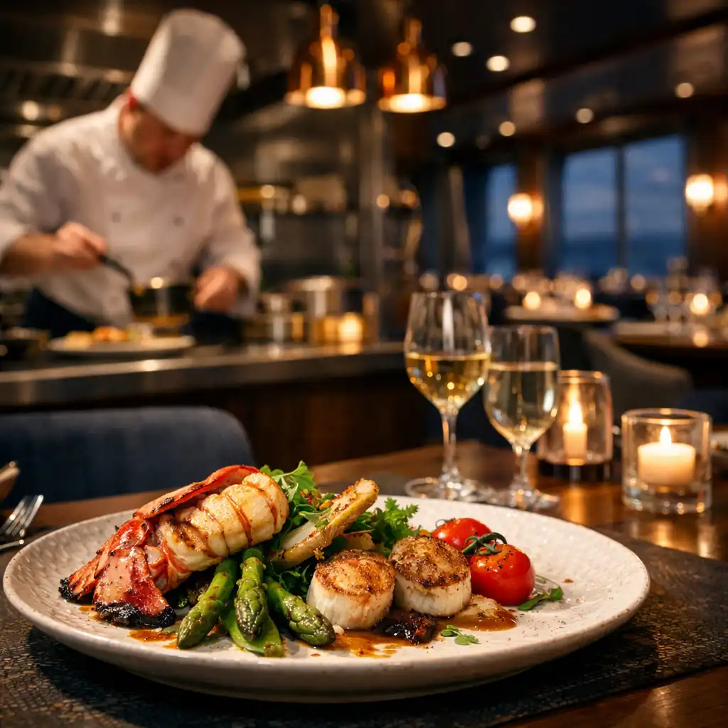 Kucharz kończący danie w otwartej kuchni restauracji specjalistycznej na statku
