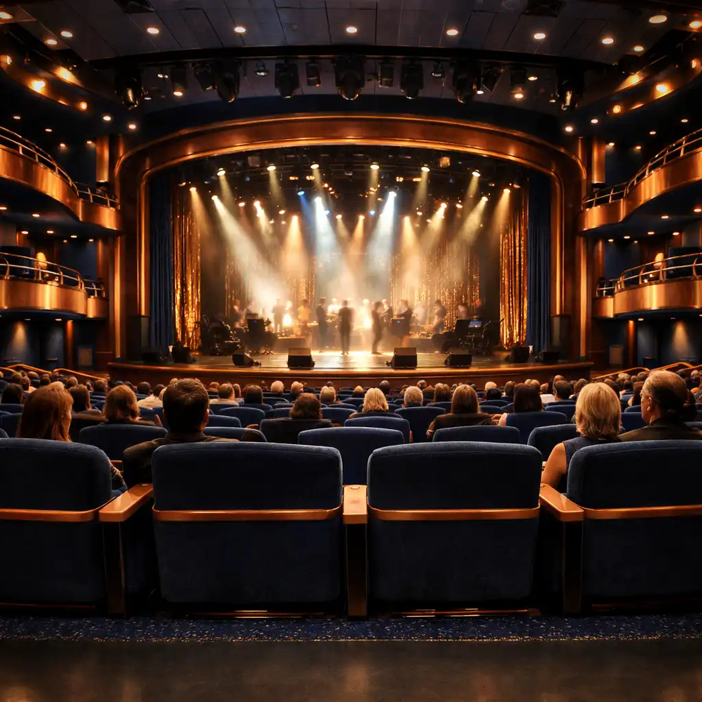 Widownia eleganckiego teatru na statku wycieczkowym skierowana ku oświetlonej scenie